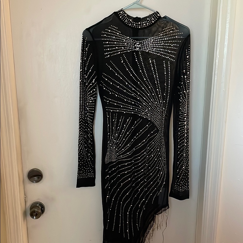 Black Embellished Mesh Dress